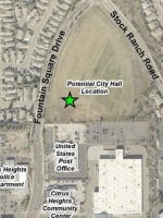 Aerial satellite map showing the newly proposed location for city hall.