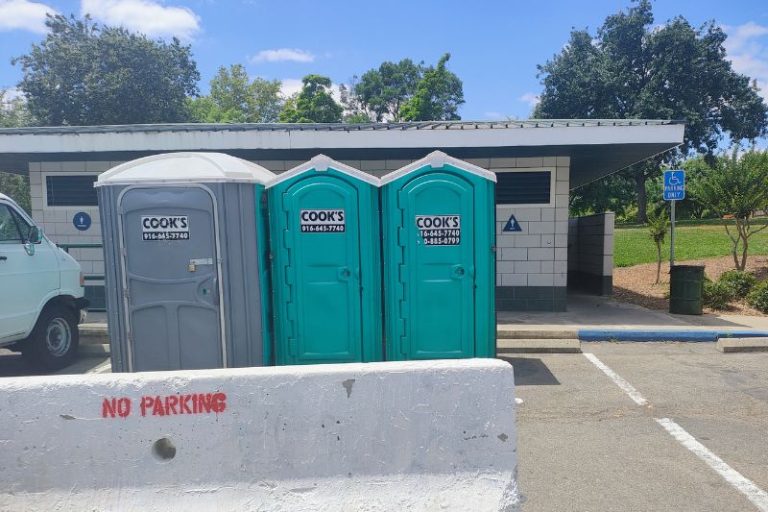 Port-o-potties stand in front of the Rusch Park restrooms.