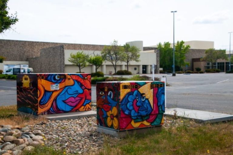 A pair of SMUD utility boxes wrapped in art in front of JCPenney.