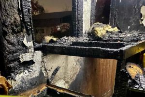 The kitchen interior of a home destroyed by fire.