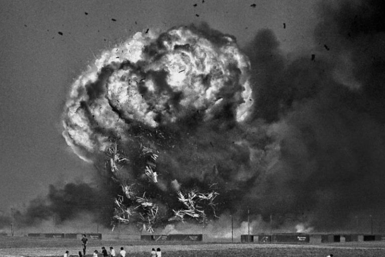 A photo taken April 28, 1973, captures a still shot of several thousand bomb explosions at Sothern Pacific railyards in Roseville, CA.