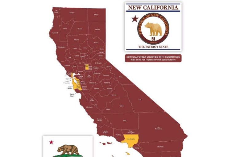 A map from New California State's website, which shows all counties within California with existing New California State Committees in dark red and counties without New California State Committees in yellow. Map does not represent final state borders which must be determined by congress. // New California State https://www.newcaliforniastate.com/about-ncs