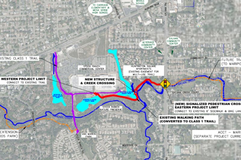 A proposed map for an Arcade Cripple Creek Trail Extension from Stock Ranch Nature Preserve to Sylvan Road, where the red line indicates the proposed trail. // City of Citrus Heights