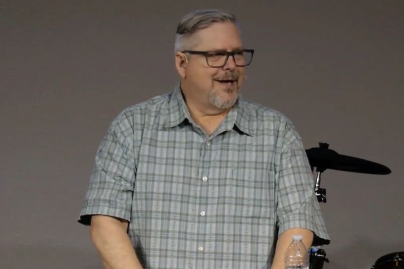 Pastor Edward Tweed Moore (Nov. 1965-Oct. 2025), during his last recorded sermon, July 20, 2025. // Friends Church online